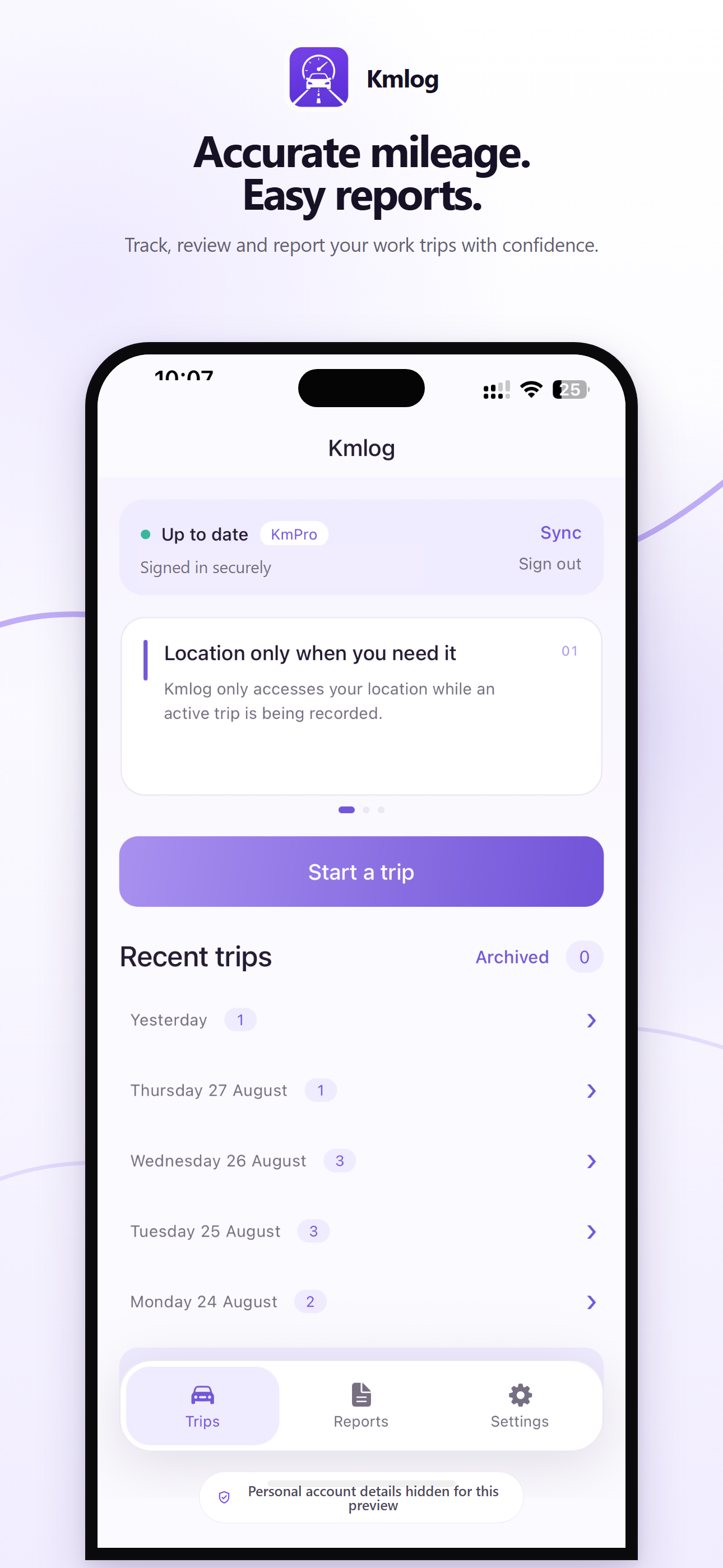 Kmlog app feature preview highlighting accurate mileage tracking, secure sign-in and easy reports