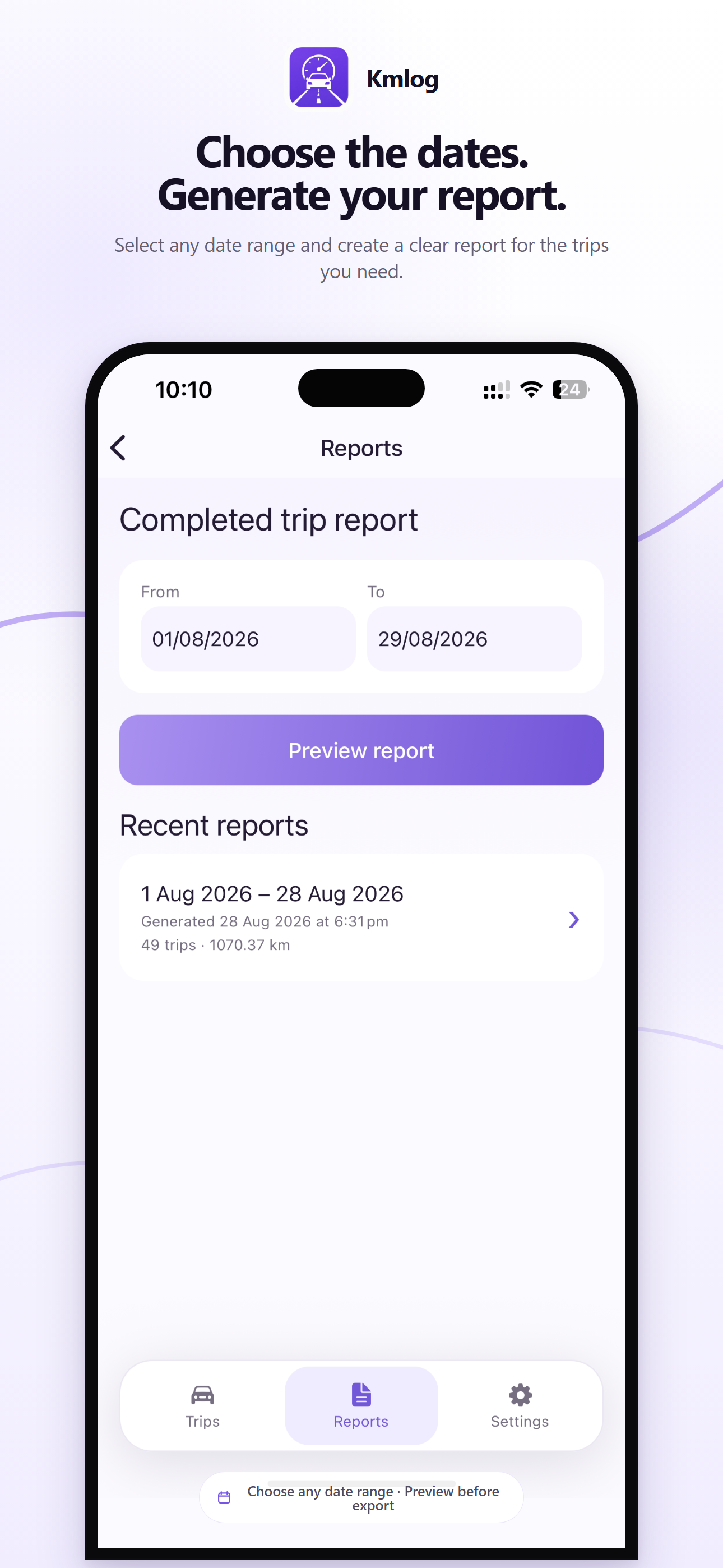 Kmlog app feature preview showing reports generated for a freely selected date range