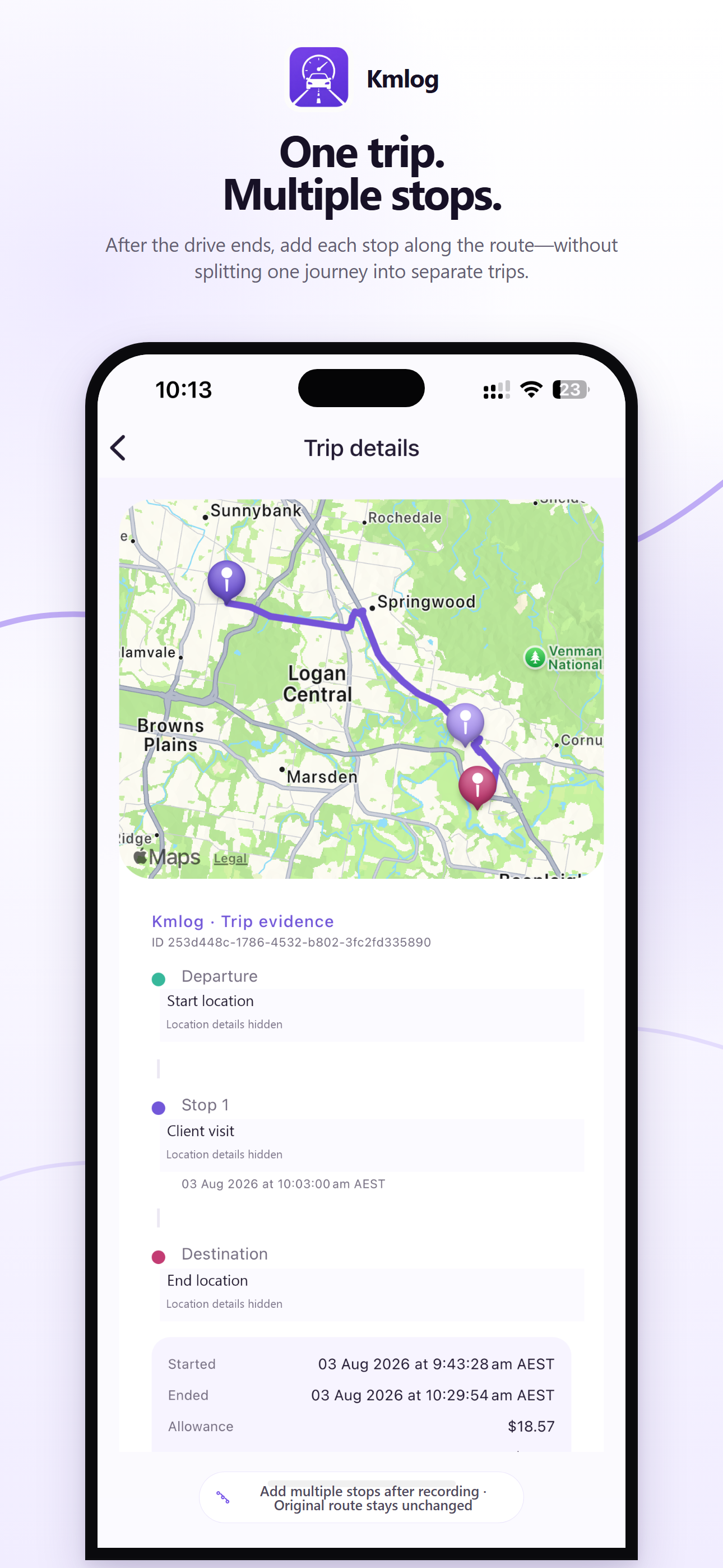 Kmlog app feature preview showing multiple stops added to one completed trip