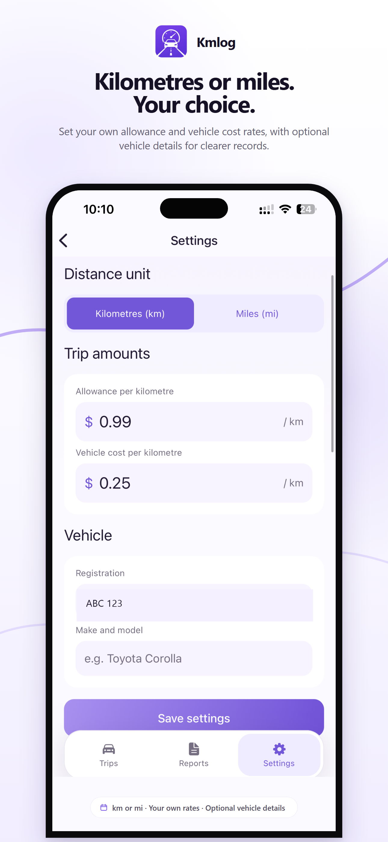 Kmlog app feature preview showing kilometre and mile units, custom rates and optional vehicle details
