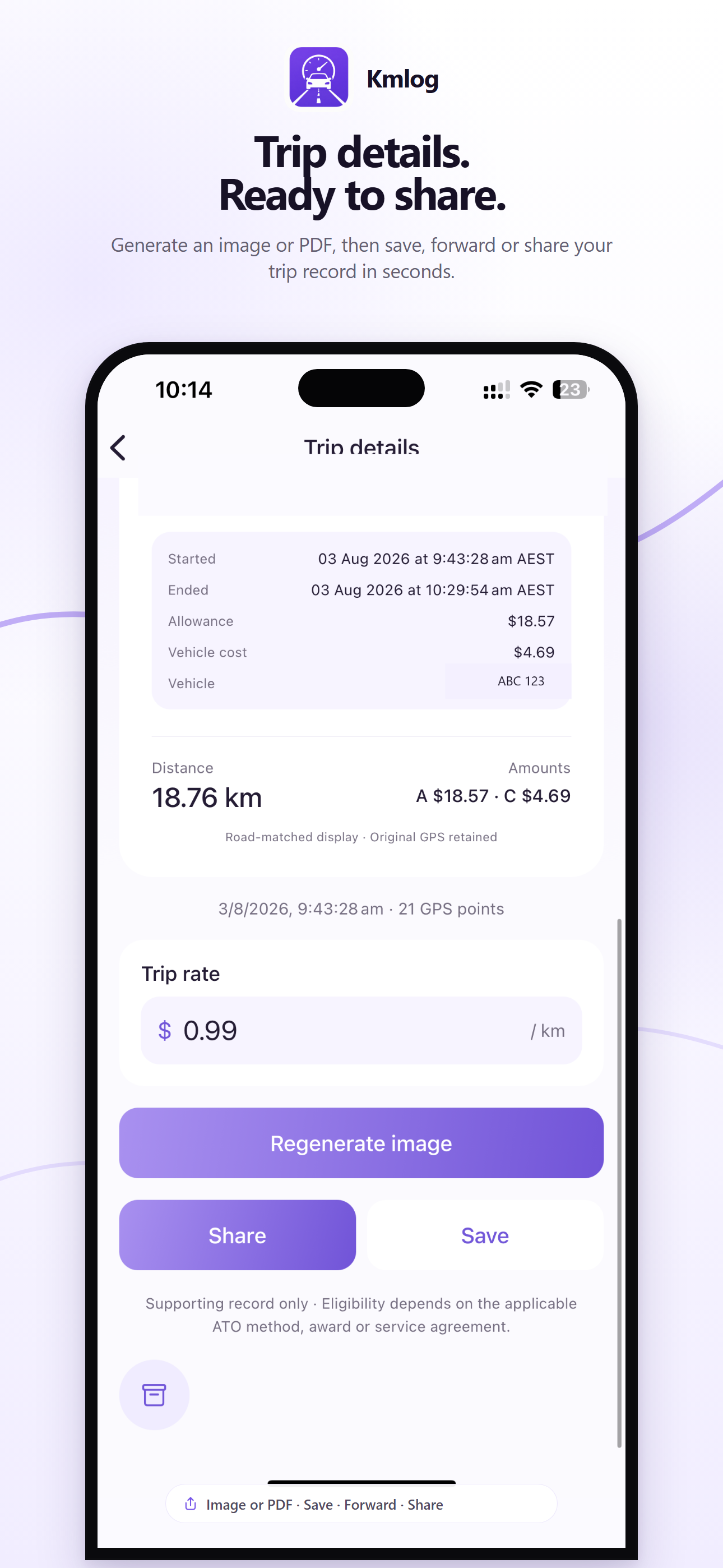 Kmlog app feature preview showing trip details generated as an image or PDF for saving and sharing